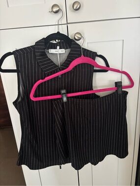 Mango Black Pinstripe Collared Sleeveless Top & Skirt Set